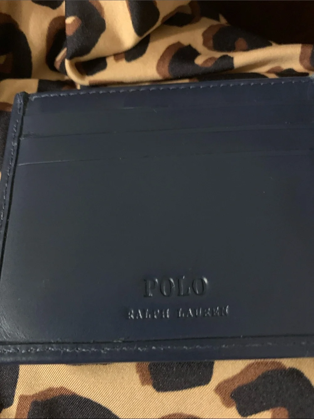 Ralph Lauren Navy Leather Card Holder with Multicolor Pony Motif